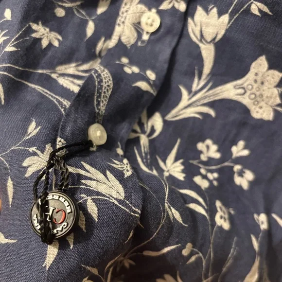 Carolina Herrera Men's Linen Blue Floral Print Button Down Shirt - Size 15 - Picture 4 of 11